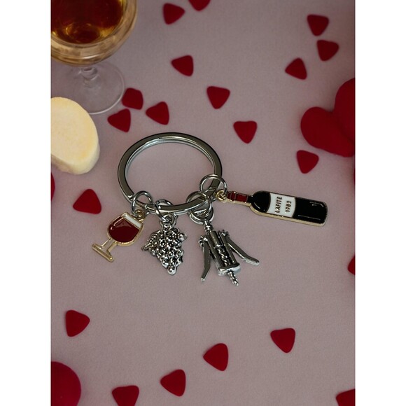 Wine Themed Keychain with Wine Glass, Grapes, Wine Bottle and Bottle Opener - Picture 3 of 4